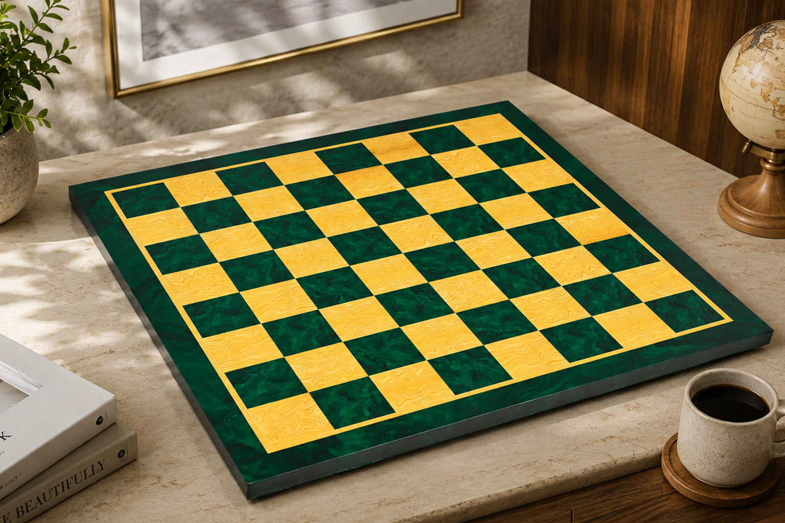 A square wooden chessboard with a green and yellow checkered pattern and a dark green border, displayed on a light stone tabletop with a book, coffee cup, framed picture, and globe in the background.