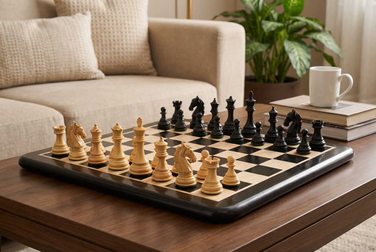 The New Columbian Series Chess Pieces in Ebony/Boxwood - 3.8" King with Wooden Chess board