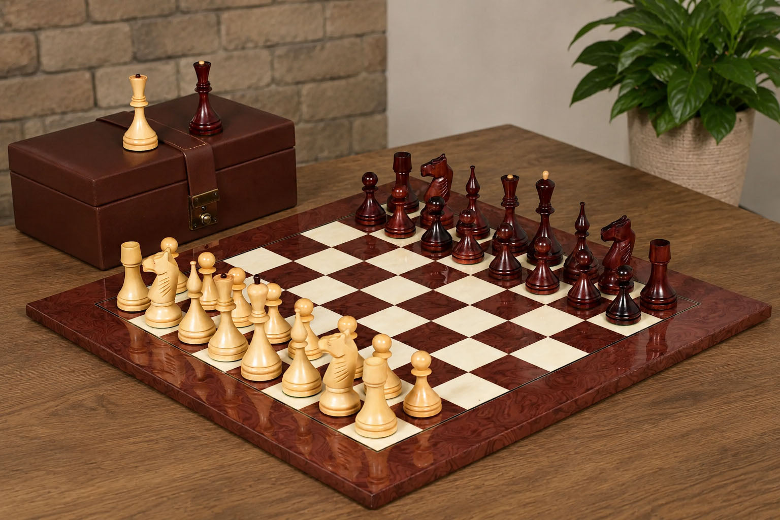 Repro 1961 Soviet Championship Baku Chess Pieces in Bud Rosewood / Boxwood with Board & Box -4" King