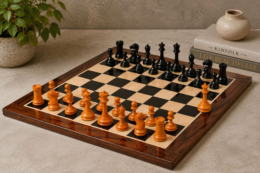 Repro B & Co 1860s Antique Chess Pieces in Ebony / Antiqued Boxwood - 4" King with Board