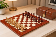 Combo of The GM Blitz Edition Staunton Series Chess Pieces in Bud Rosewood & Box Wood - 3.75" King with Storage Box and Wooden Chess Board 22"