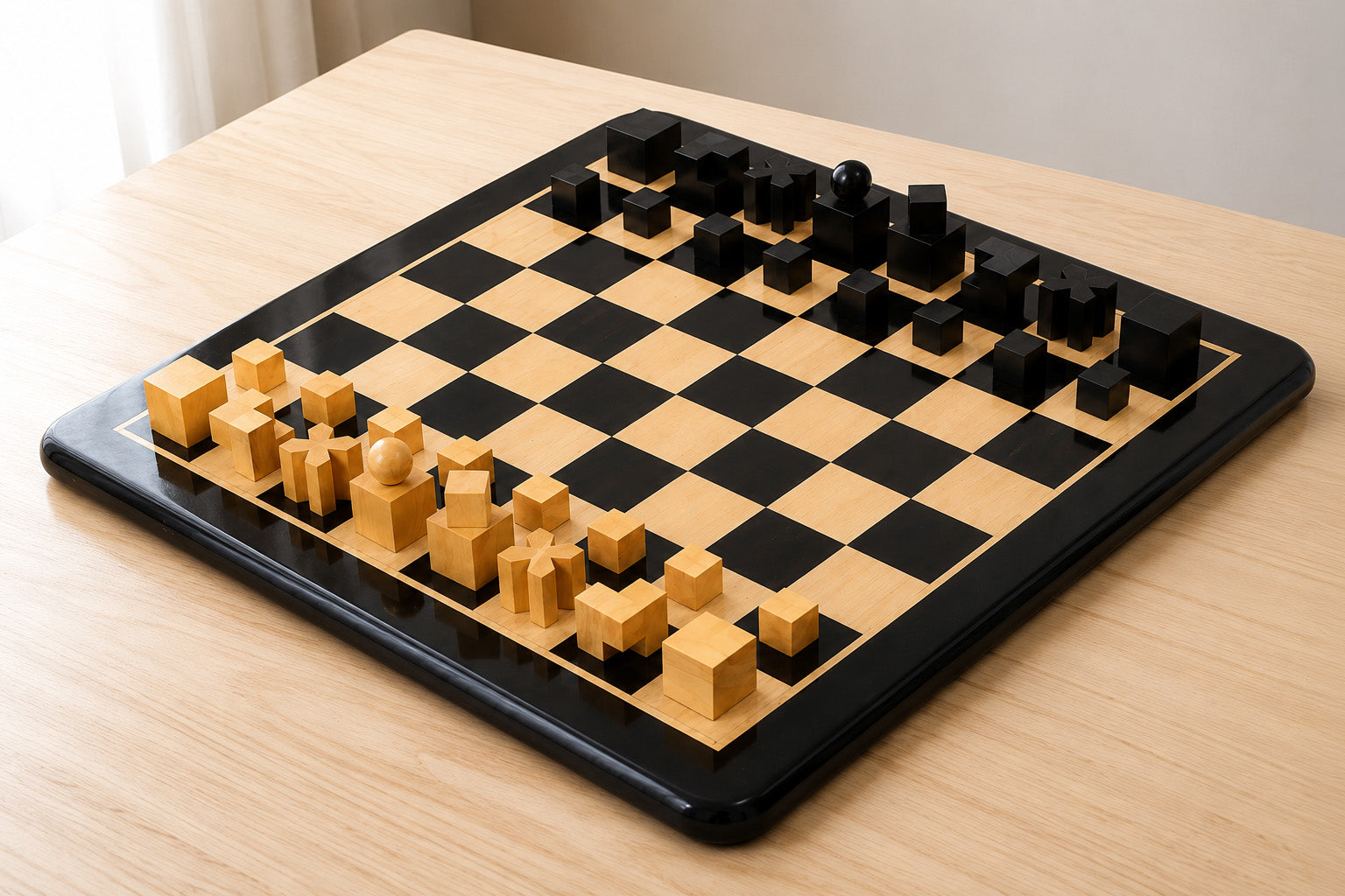 1924 Bauhaus Geometrical Chessmen in Ebonized/Boxwood - 1.9" King with Chess Board