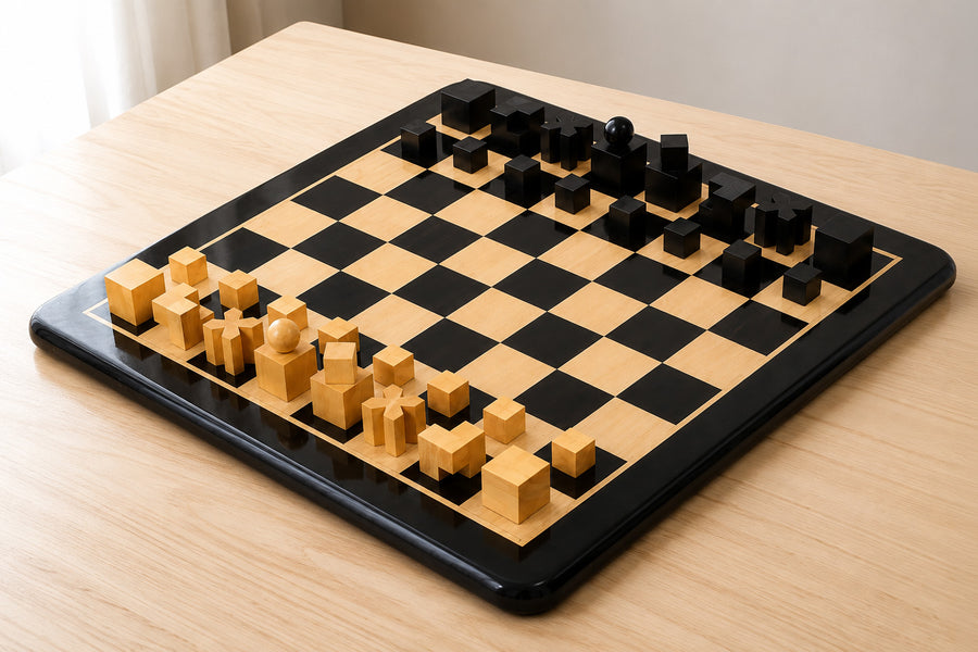 1924 Bauhaus Geometrical Chessmen in Ebonized/Boxwood - 1.9" King with Chess Board