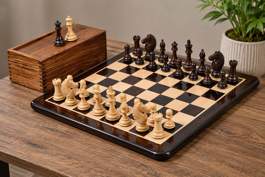 Bridle Knight Chess Pieces in Indian Rosewood/Boxwood With Board and Box- 4.1" King