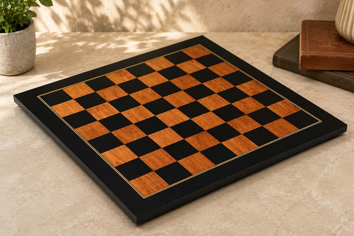 A square wooden chessboard with alternating black and warm brown checkers, framed by a black border with a thin gold line, set on a beige stone surface with a small plant and books in the background.