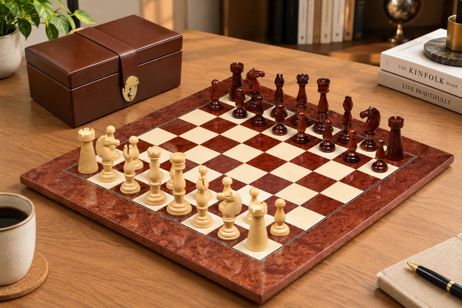 Grand Divan Chess Pieces in Bud Rosewood/Boxwood with Board & Box - 4.2" King