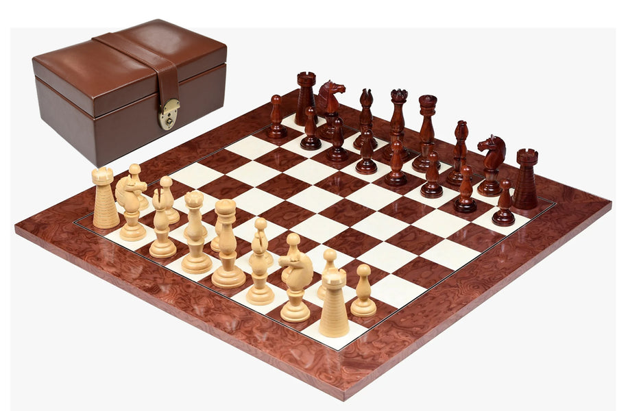 Grand Divan Chess Pieces in Bud Rosewood/Boxwood with Board & Box - 4.2" King