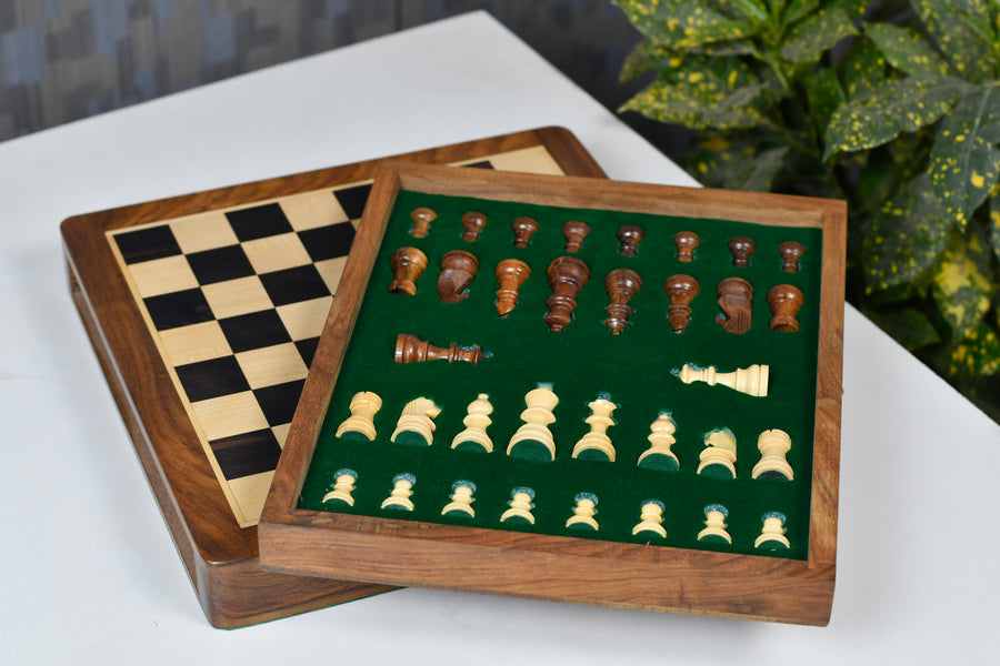 12" Magnetic Travel Chess Set Ebony Wood Drawer Storage Extra Queens