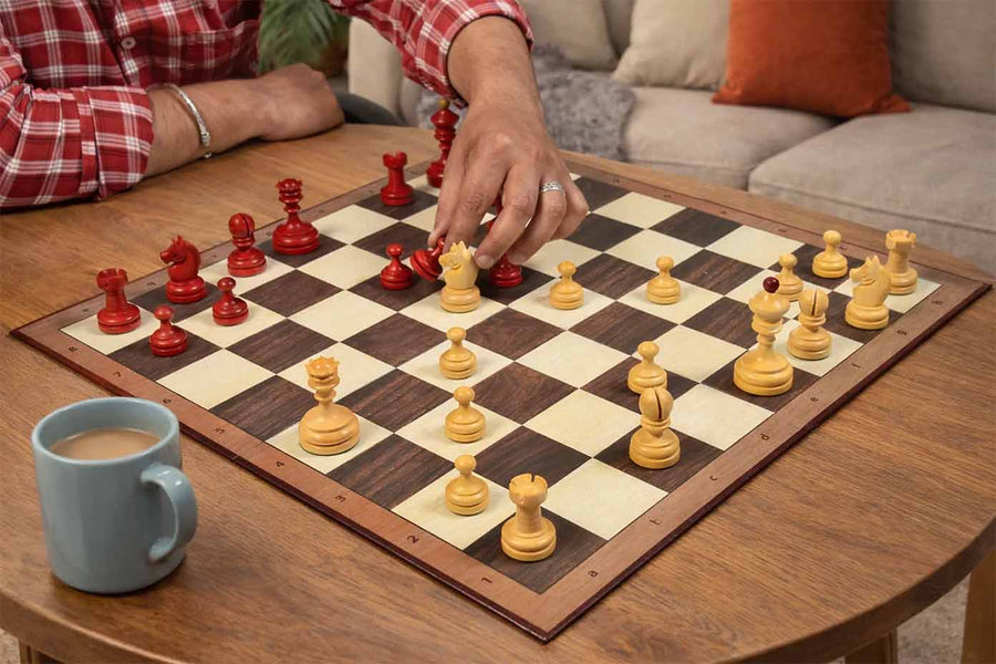 1930 Knubbel Chess Pieces Stained Crimson & Boxwood 3" with Folding Board
