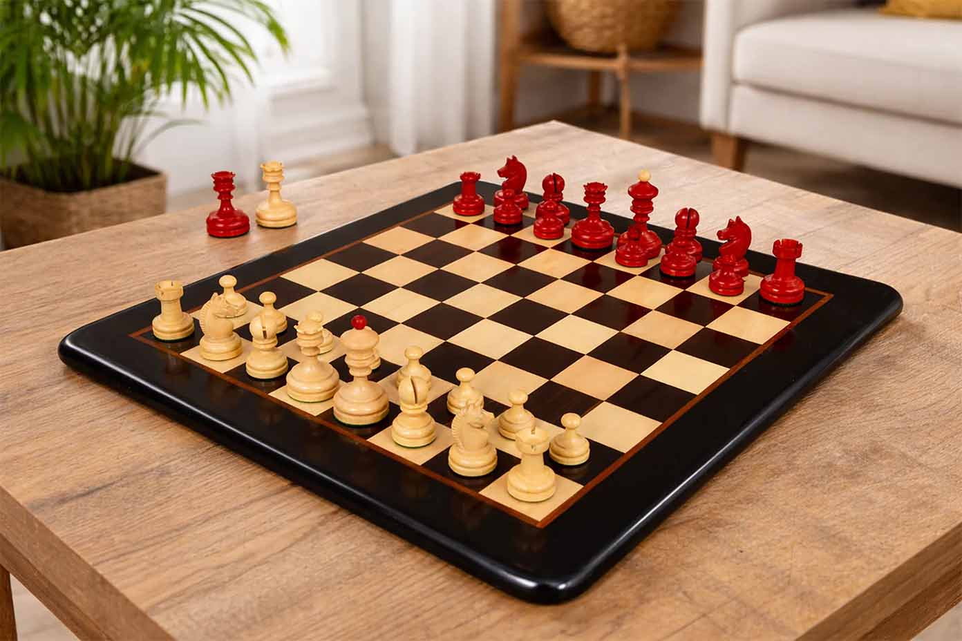 Repro Vintage 1930 German Knubbel Chess Set in Stained Crimson / Boxwood with Board