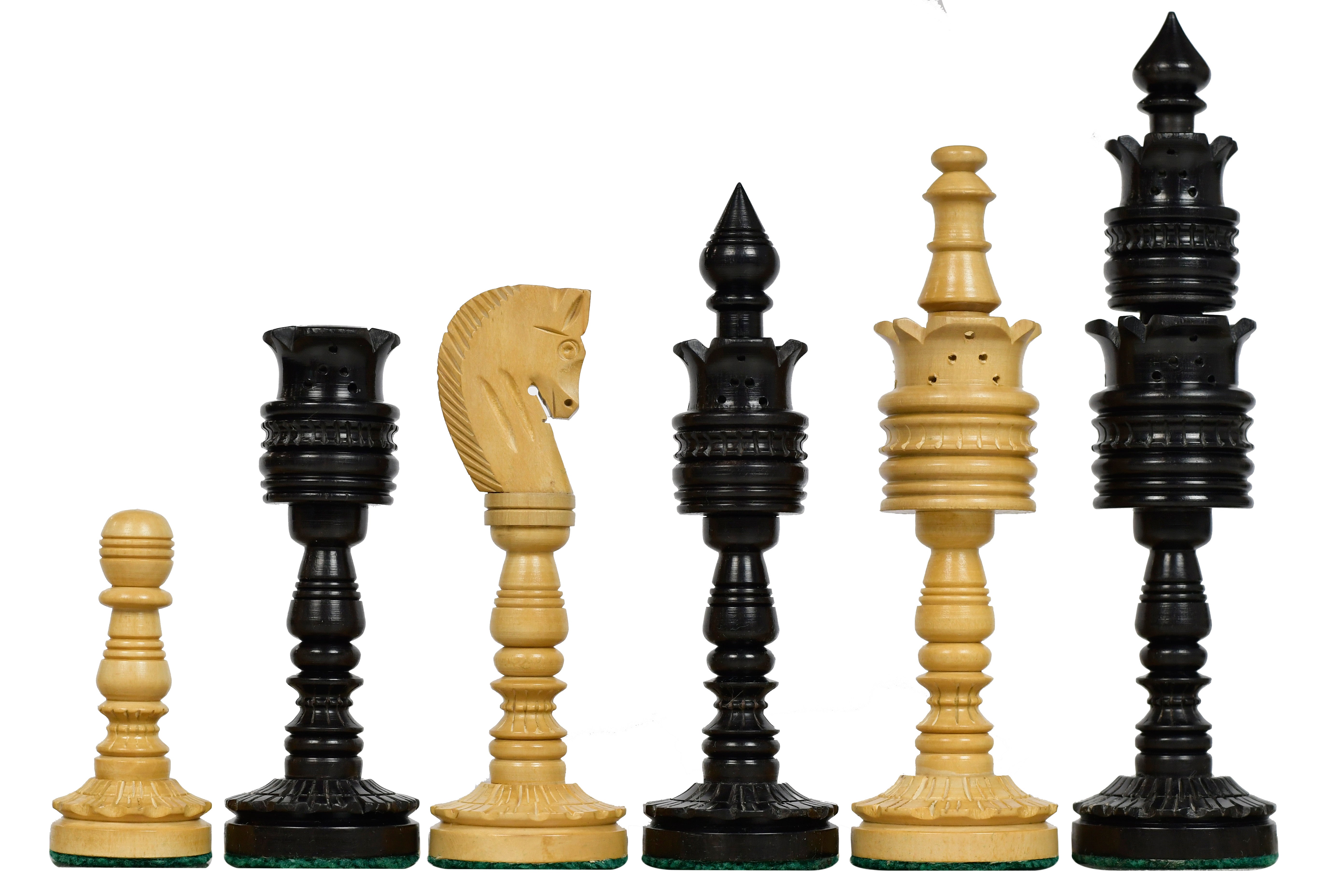 The Lotus Series Black Pipe Shaped Chess Pieces in Ebony & Box Wood - 6.14" King
