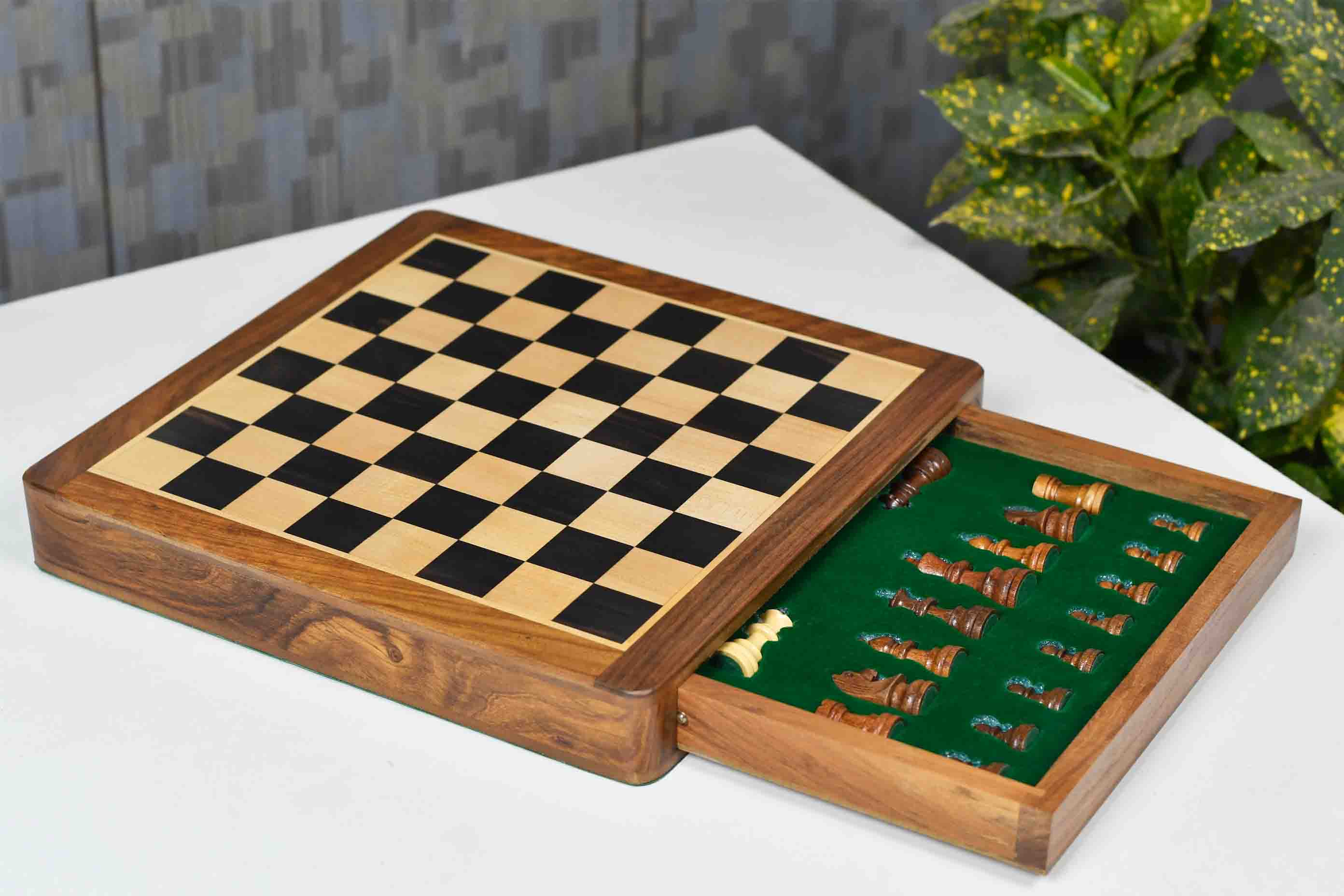 12" Magnetic Travel Chess Set Rosewood Drawer Storage Extra Queens