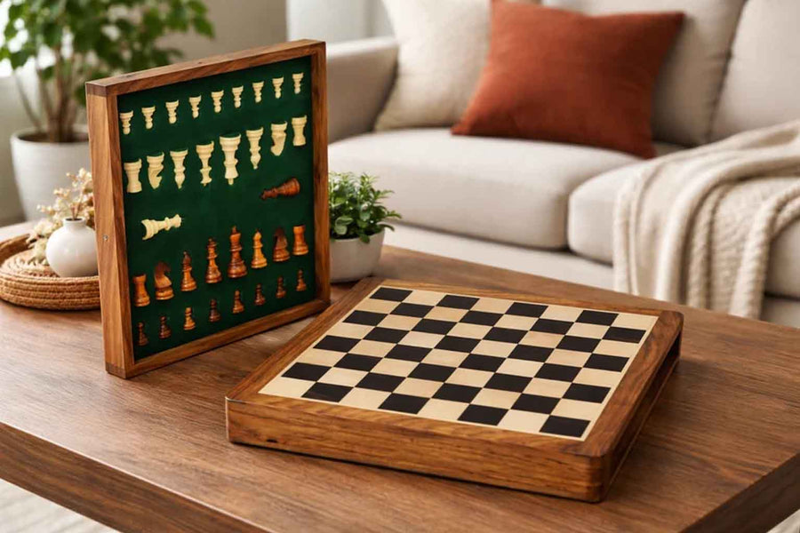 12" Magnetic Travel Chess Set Ebony Wood Drawer Storage Extra Queens