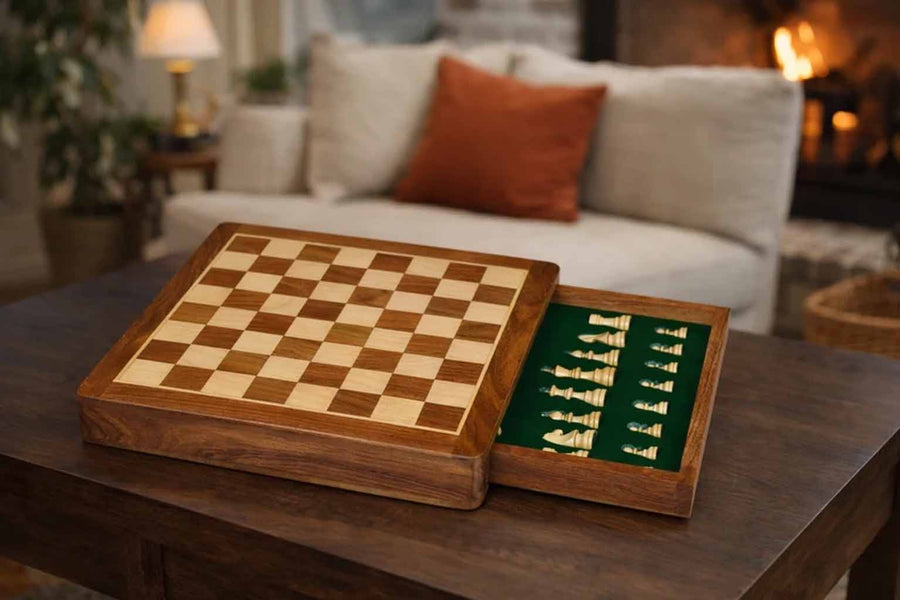 12" Magnetic Travel Chess Set Sheesham & Maple Board Drawer Storage