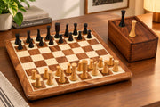 Combo of Minimalist Midnight Contemporary Chess Pieces in Ebonized Boxwood - 3.34" King with Box & Board