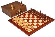 New Indian-American Luxury Series Triple Weighted Chess Pieces in Bud Rosewood (Padauk) / Box Wood - 4.4" King with Chess Board and Storage Box
