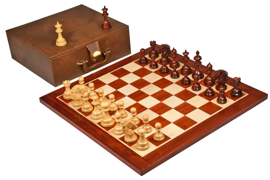 New Indian-American Luxury Series Triple Weighted Chess Pieces in Bud Rosewood (Padauk) / Box Wood - 4.4" King with Chess Board and Storage Box