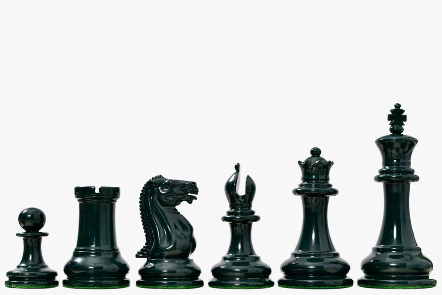 1849 Original Staunton Pattern Chess Pieces Painted in Dark Olive Green and Earth Yellow - 4.5" King