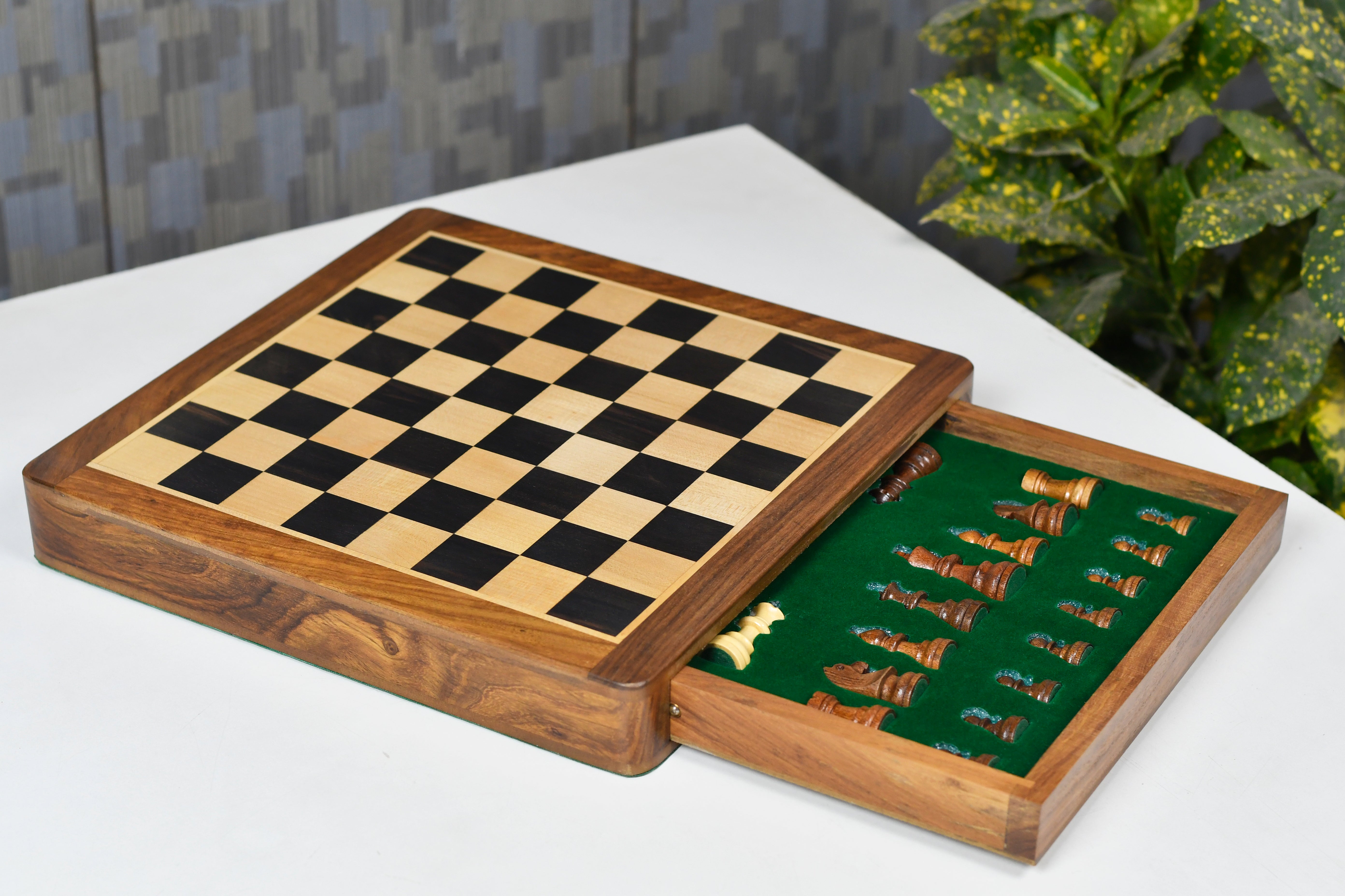 12-Inch Magnetic Travel Chess Set Drawer Storage Matte Finish Genuine Ebony Wood, Extra Queens