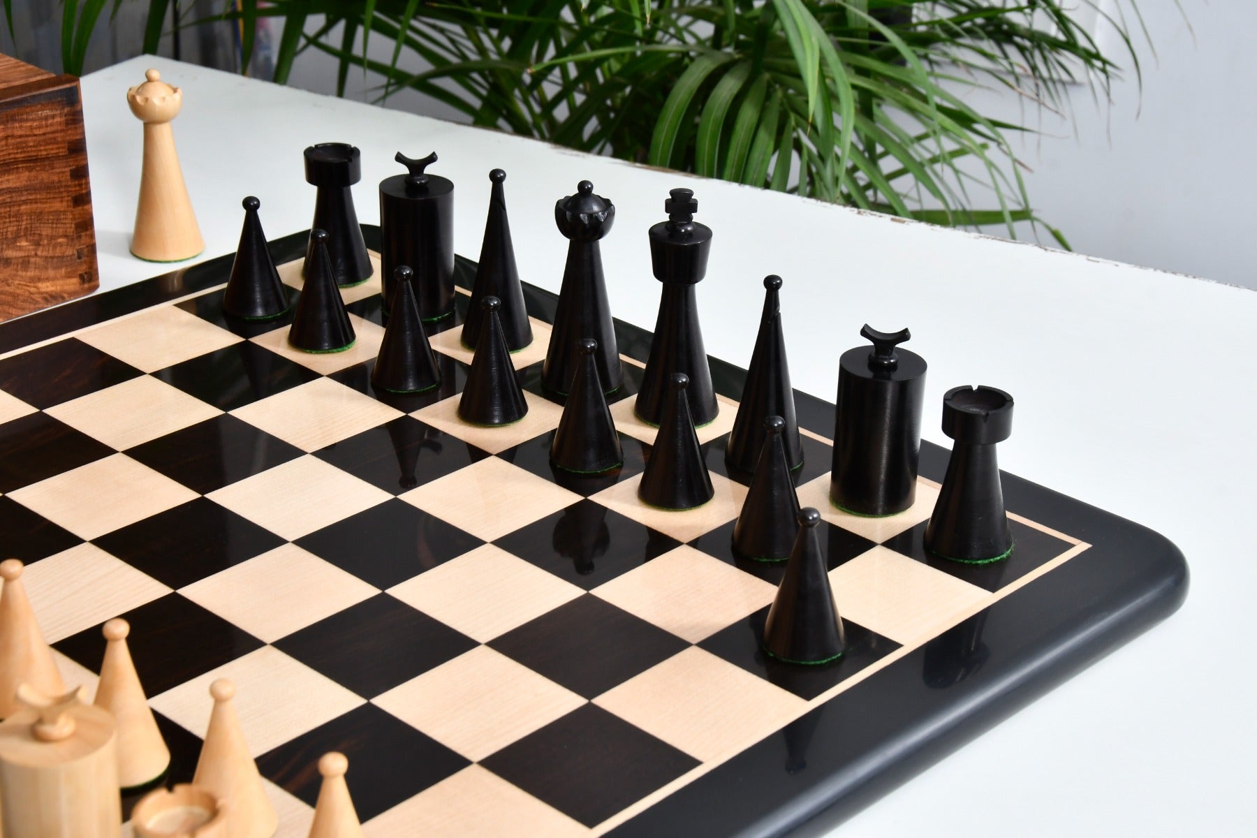 1940s Art Deco Series Chess Pieces Ebonized Boxwood  -3.8" King with Box & Board
