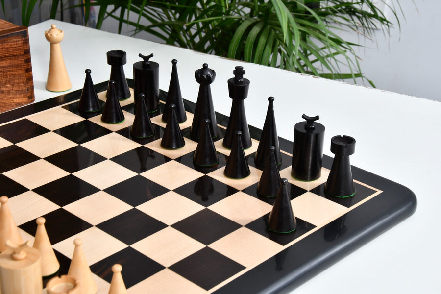 1940s Art Deco Series Chess Pieces Ebonized Boxwood  -3.8" King with Box & Board