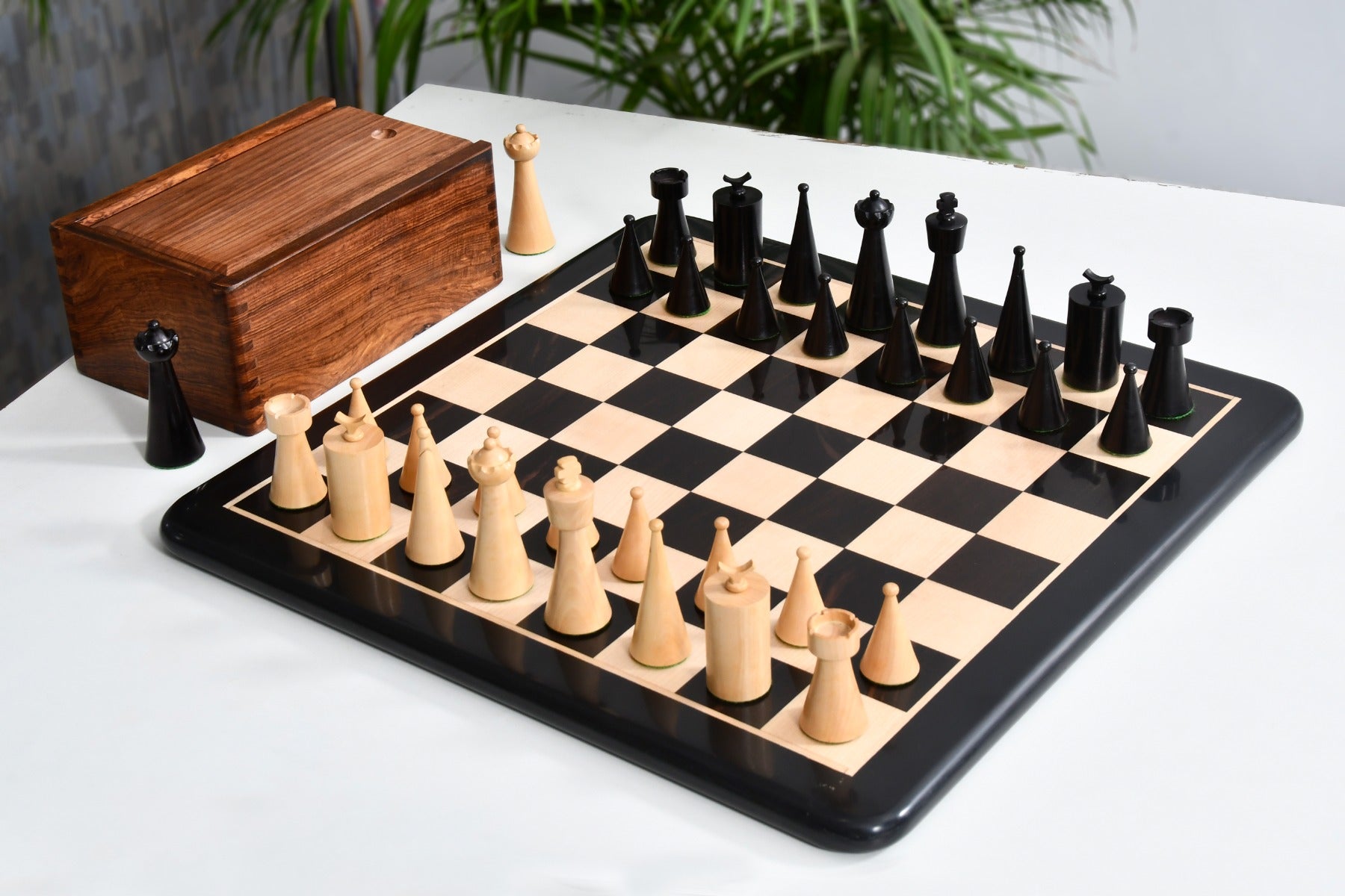 1940s Art Deco Series Chess Pieces Ebonized Boxwood  -3.8" King with Box & Board