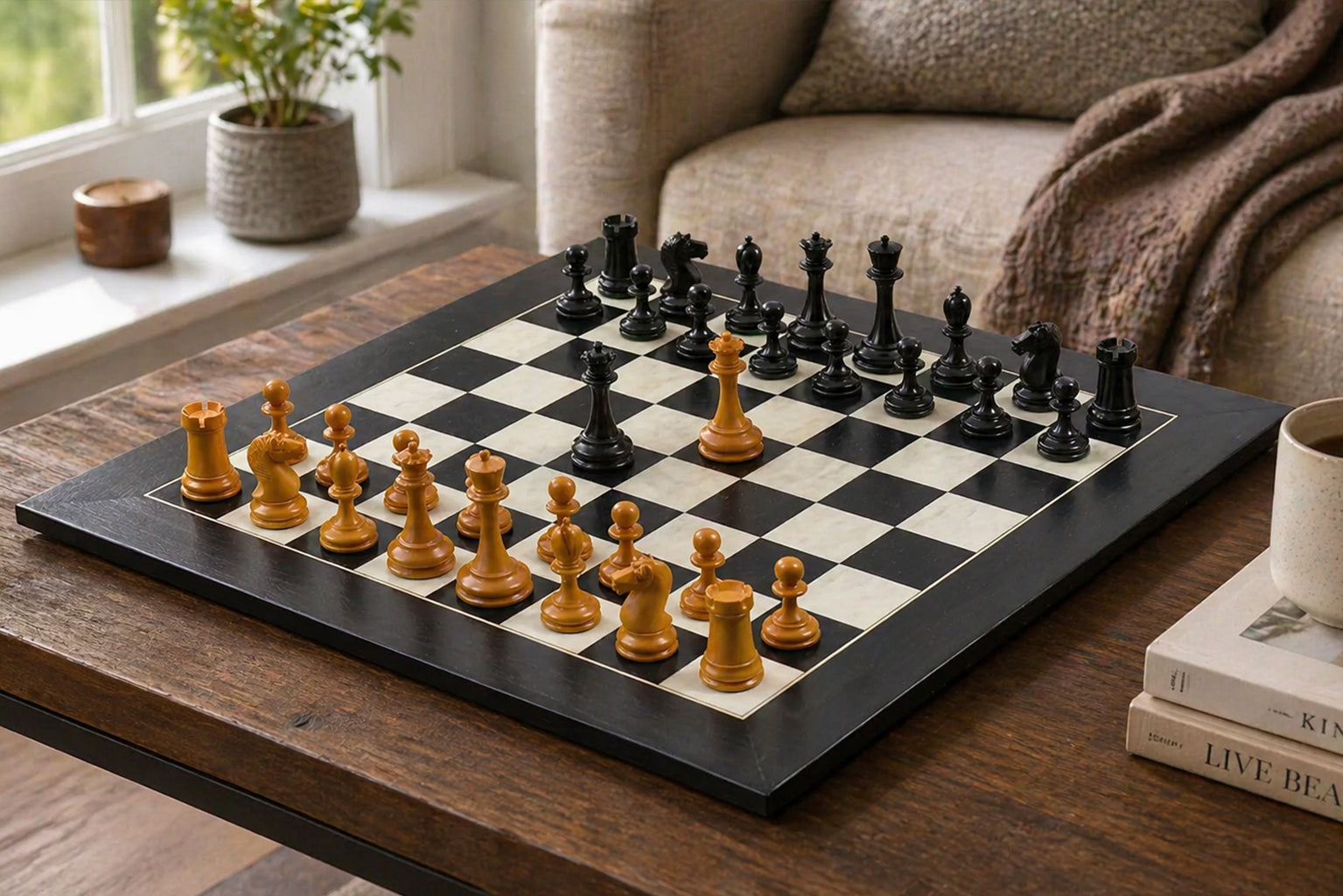 Repro B & Co 1860s Antique Pieces in Ebony / Antiqued Boxwood - 4" King With Maple Chess Board