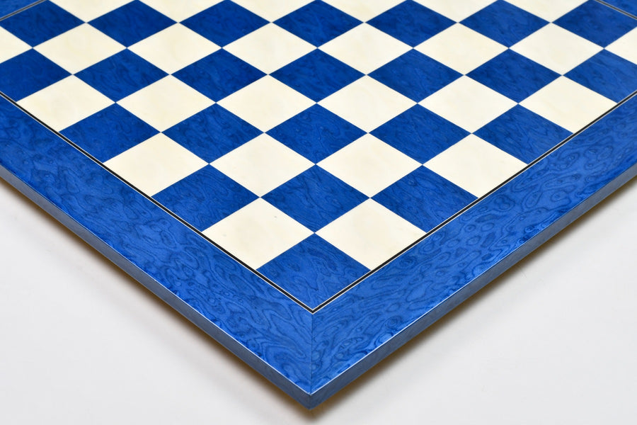 Deluxe Blue Ash Burl & White Erable Hi-Gloss Chess Board 22" 55mm