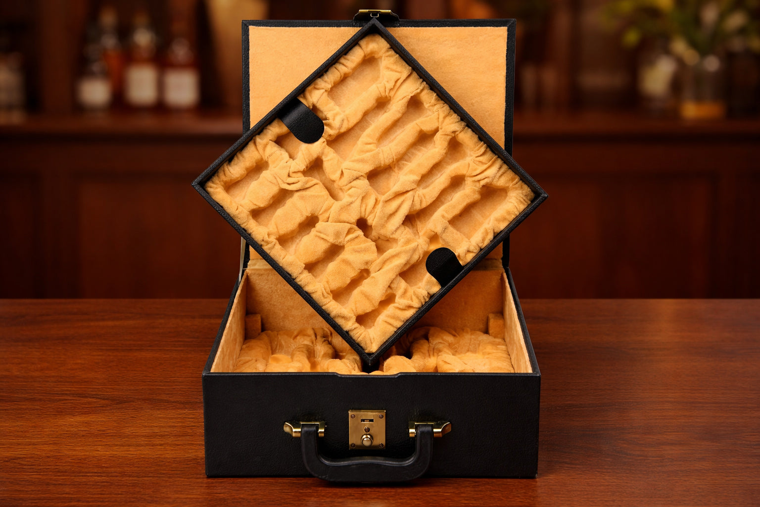 Black Leatherette Chess Set Storage Box Coffer with Double Tray Fixed Slots for 3.75" - 4.1" Pieces