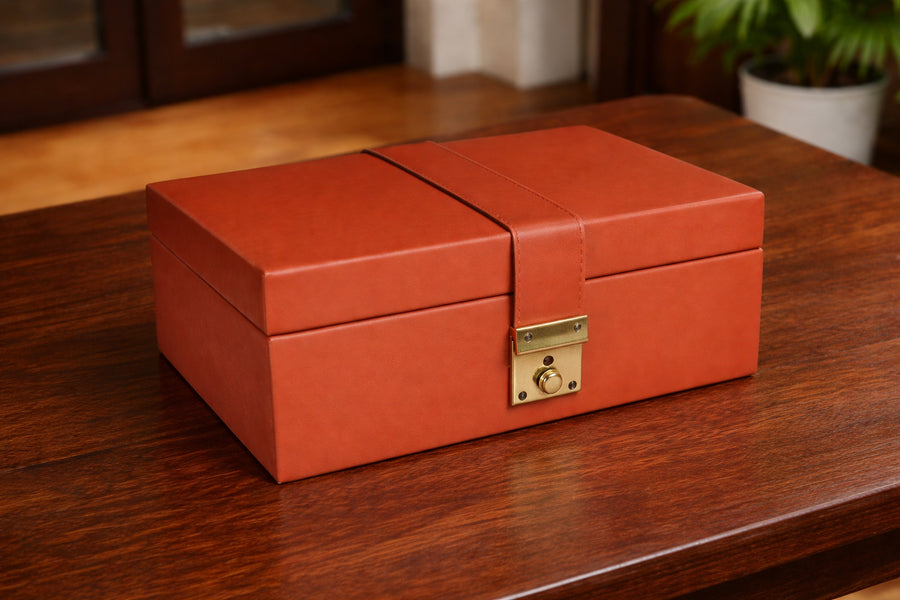 Genuine Brown Leather Chess Storage Box for 3"-4" King Chess Sets