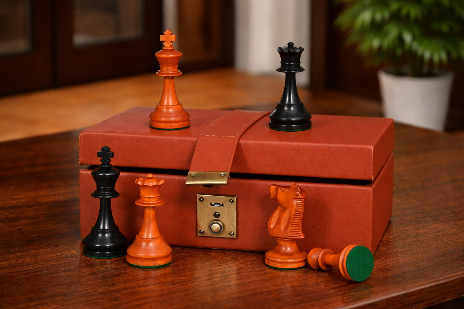 Genuine Leather Reddish-Brown Color Storage Box for 3" - 4"  Chess Set