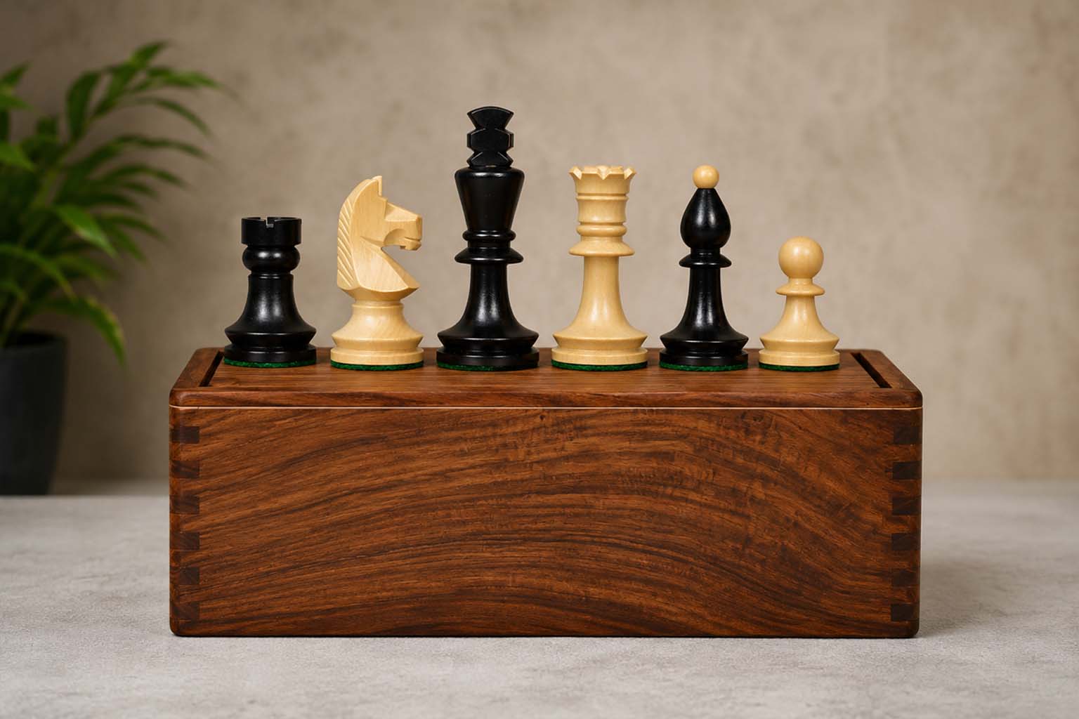 Romanian-Hungarian National Chess Set in Ebonized wood-3.8” King & Box