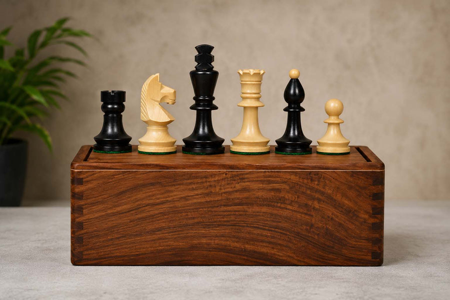 Romanian-Hungarian National Chess Set in Ebonized wood-3.8” King & Box