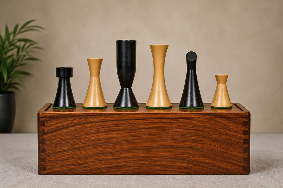 Minimalist Midnight Contemporary Chess Pieces in Ebonized Boxwood - 3.34" King with Box
