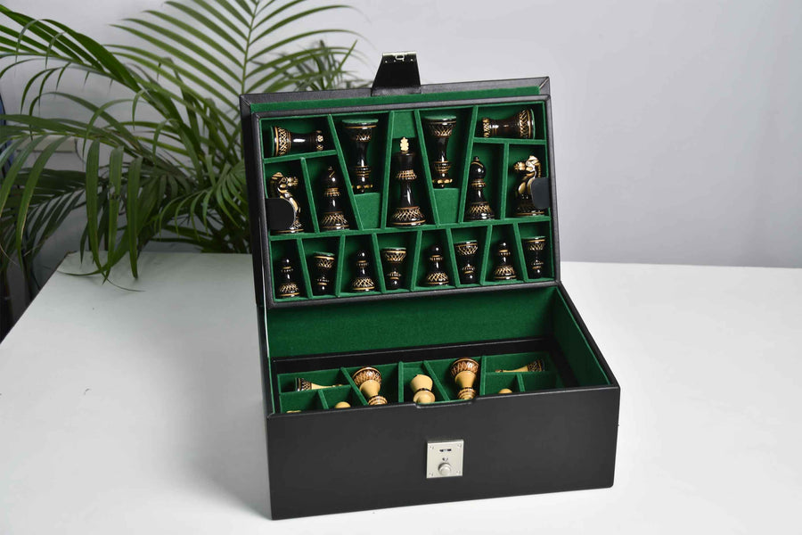 Leatherette Chess Storage Box in Black Color with Double Tray for 4"-4.25" Pieces