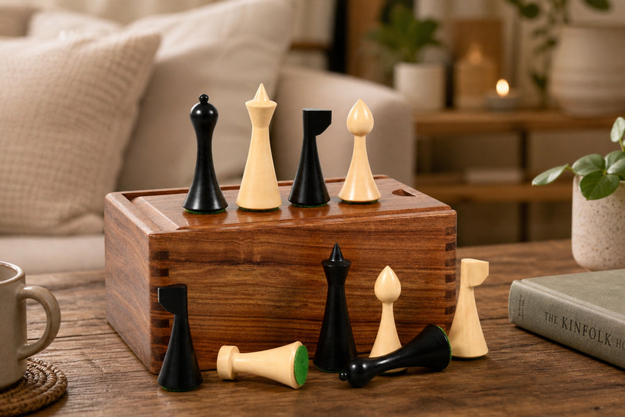 Minimalist Hermann Ohme Chess Pieces in Ebonized & Boxwood  - 3.75" King with Box