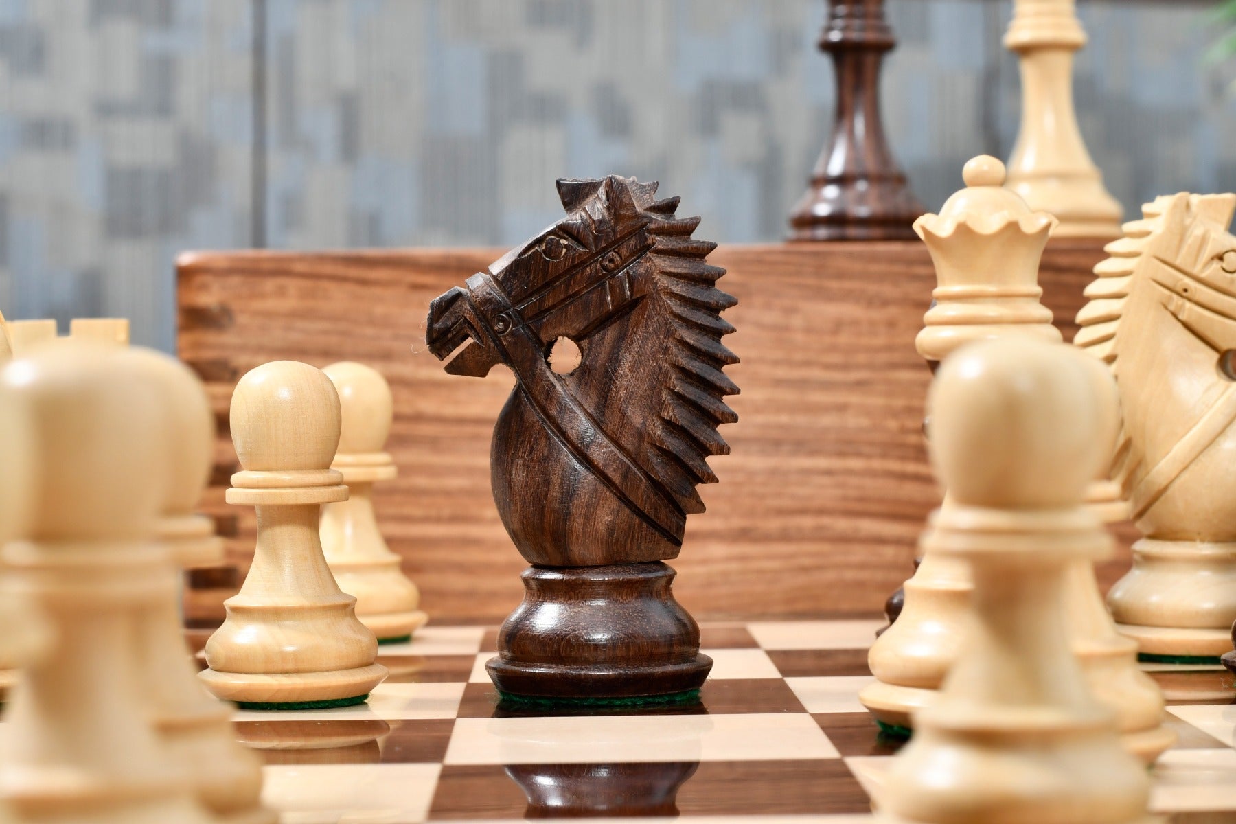 Bridle Knight Chess Pieces in Indian Rosewood/Boxwood With Board and Box- 4.1" King