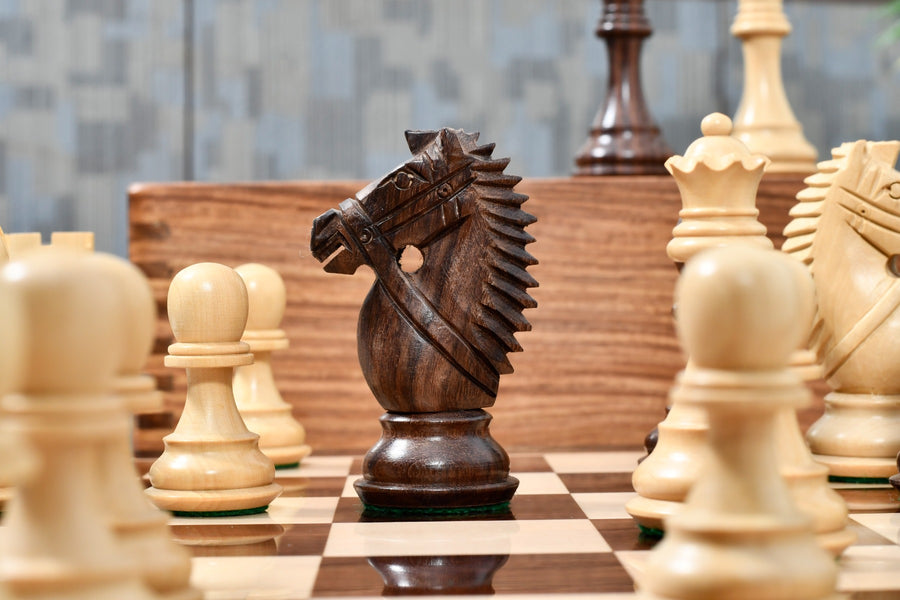 Bridle Knight Chess Pieces in Indian Rosewood/Boxwood With Board and Box- 4.1" King