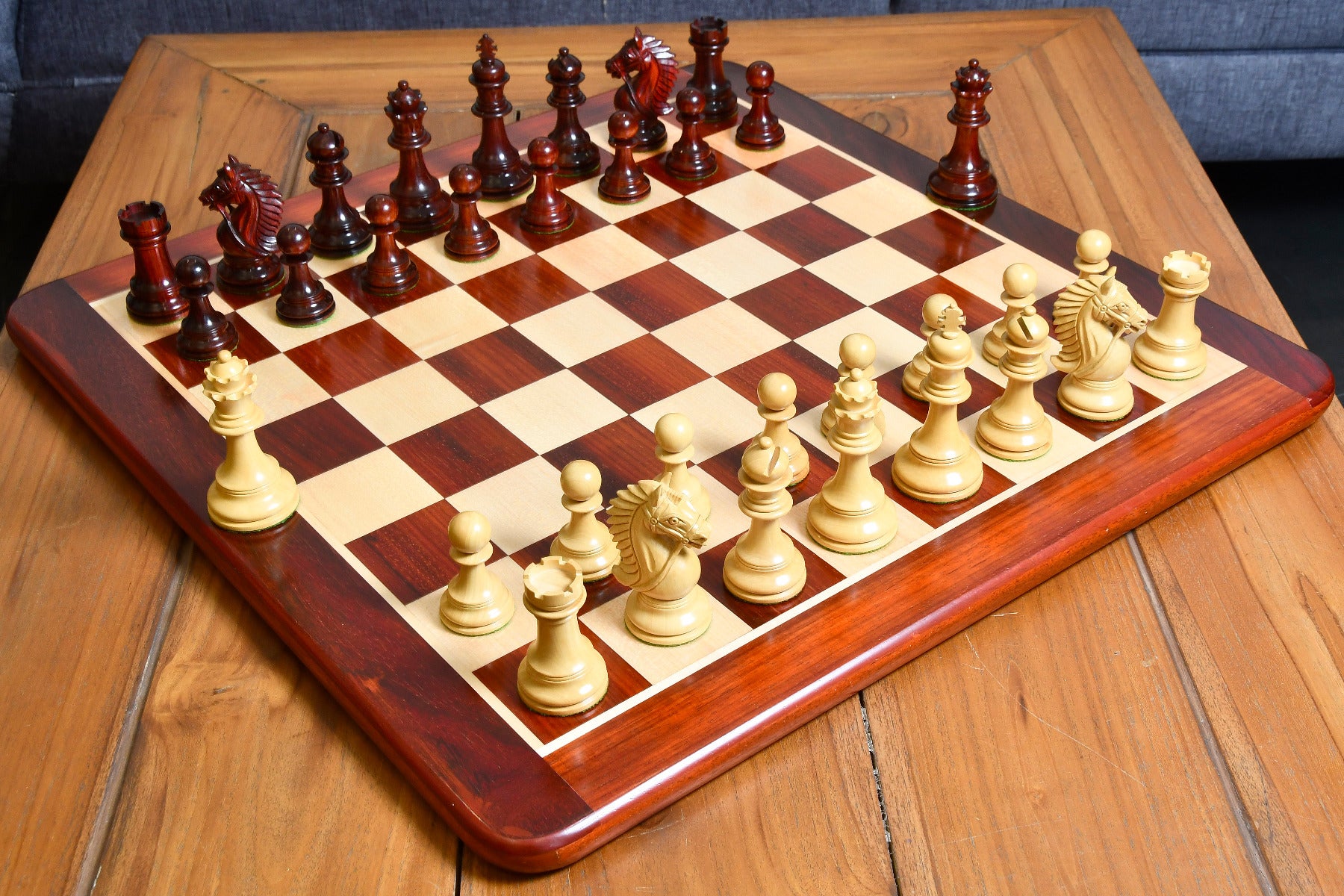 Combo of 2016 Bridle Series Luxury Chess Pieces with Wooden Board in Bud Rosewood / Boxwood - 4.2" King