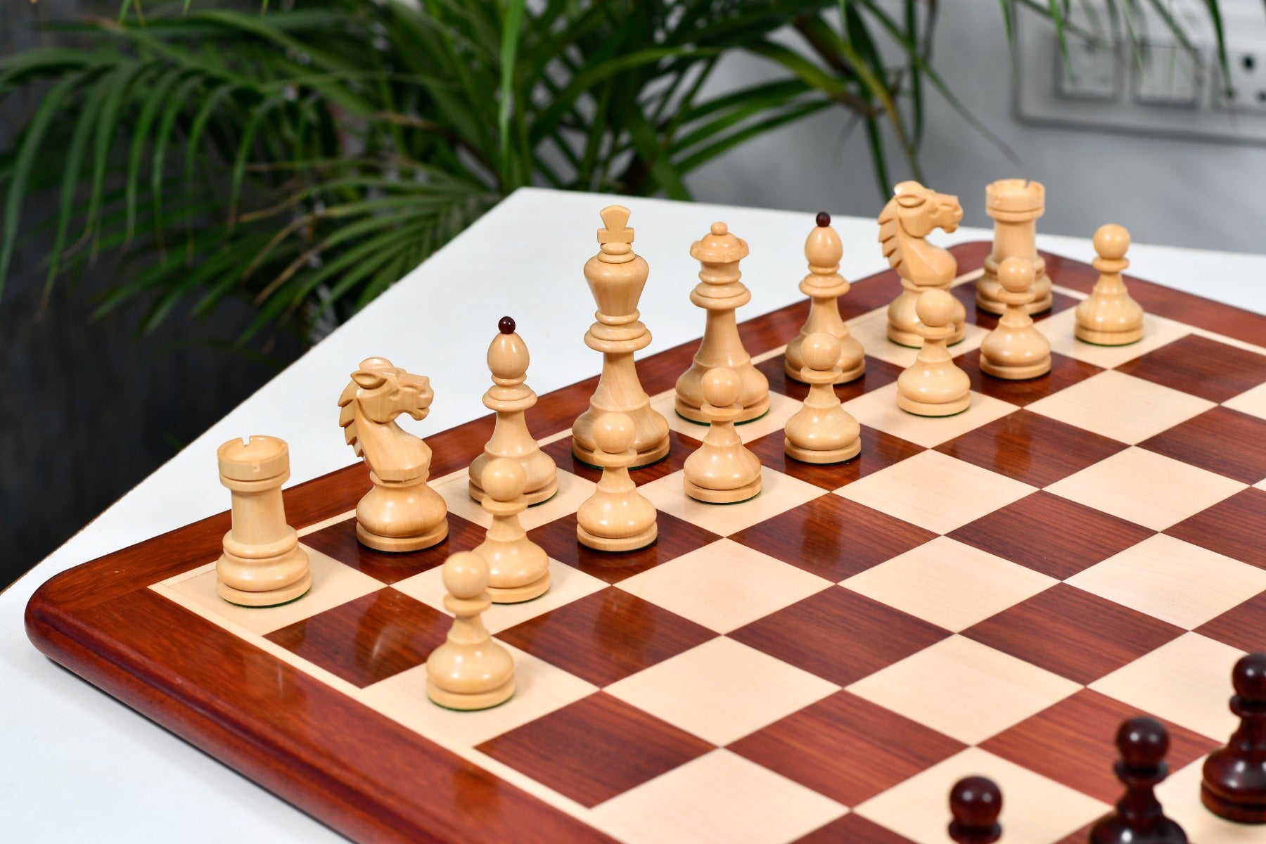 Combo Of Special Edition Reproduced Vintage 1950's Circa Bohemia Staunton Series German Chess Pieces in Bud Rosewood and Boxwood - 3.89" King with Chessboard