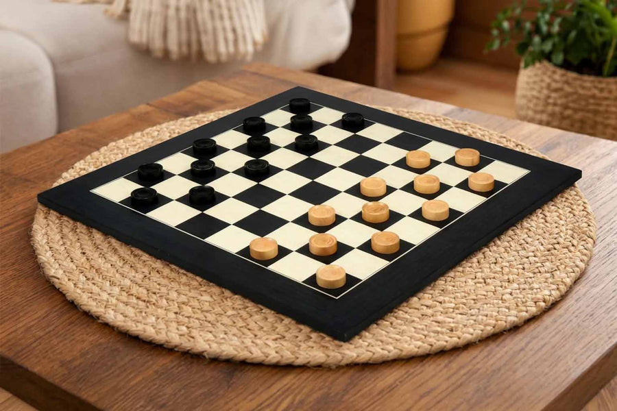 Wooden Checkers Draughts Set Stained & Natural Boxwood- 35mm