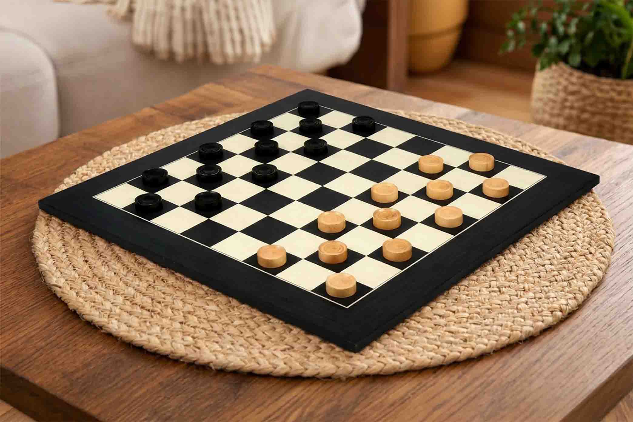 Wooden Checkers Draughts Set Stained & Natural Boxwood 35mm