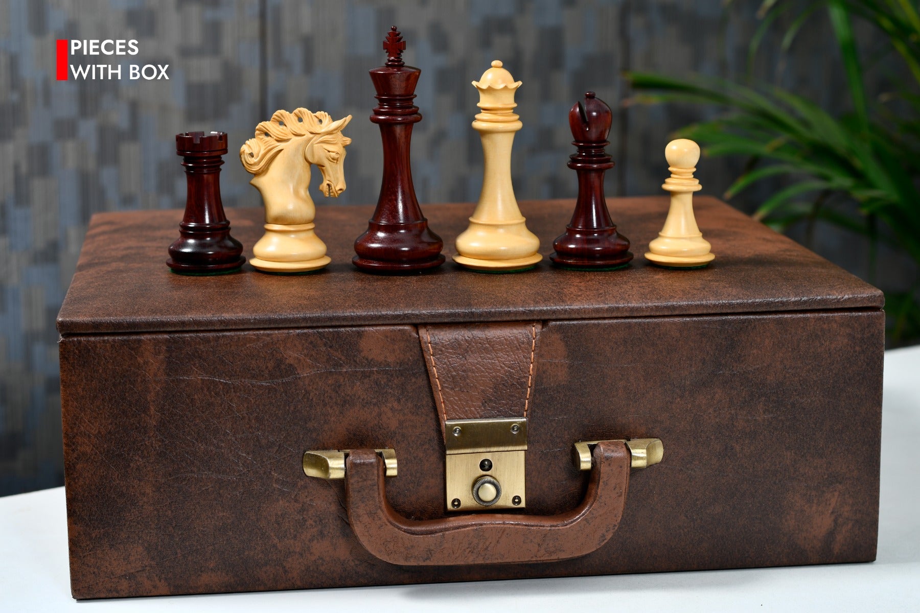 Combo of The Pegasus Series Artisan Staunton Chess Pieces ver 2.0 in Padauk Wood / Boxwood - 4.6" King with Brown Leatherette Storage Box