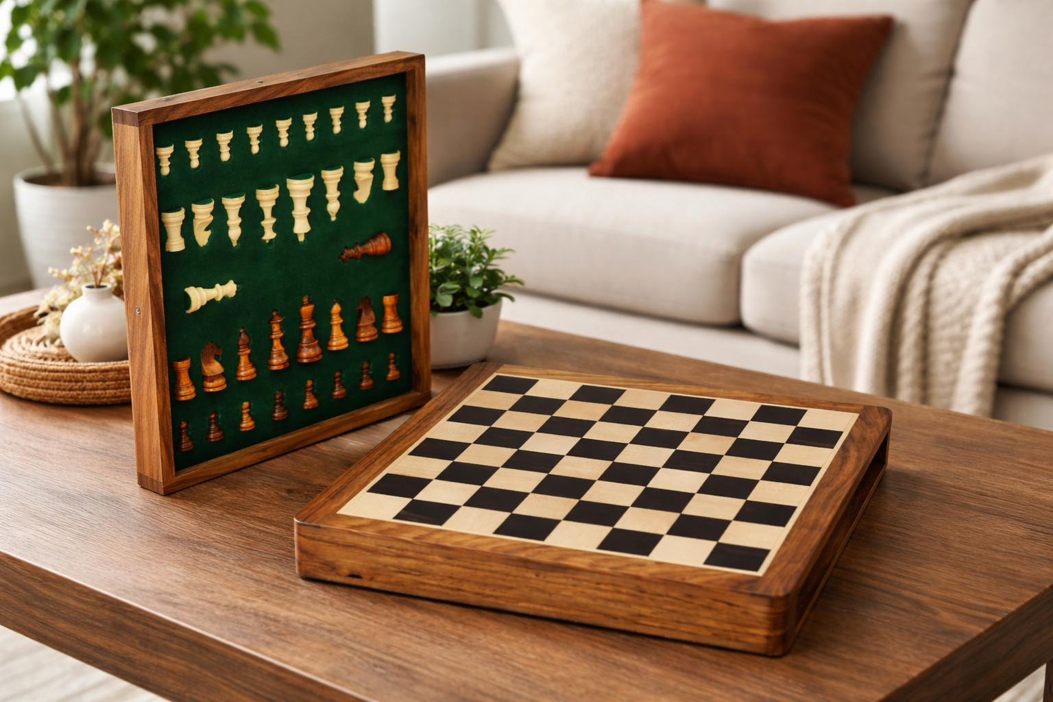 12-Inch Magnetic Travel Chess Set Drawer Storage Matte Finish Genuine Ebony Wood, Extra Queens