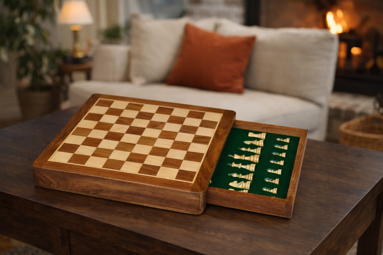 12” Travel Magnetic Chess Set with Drawer Storage – Sheesham & Maple Board