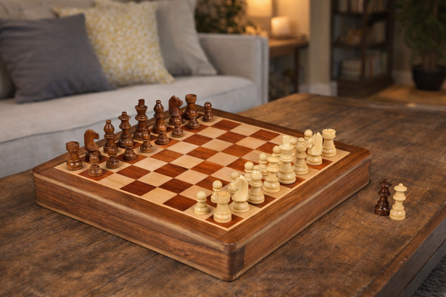 12-Inch Travel Magnetic Chess Set with Drawer Storage – Matte Padauk Wood, Extra Queens