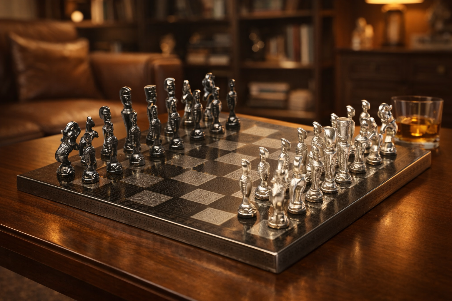 Clearance - Brass Chess Set Handmade Antique finish Vintage Style Figure Chess Set in Shiny Black & Silver Color