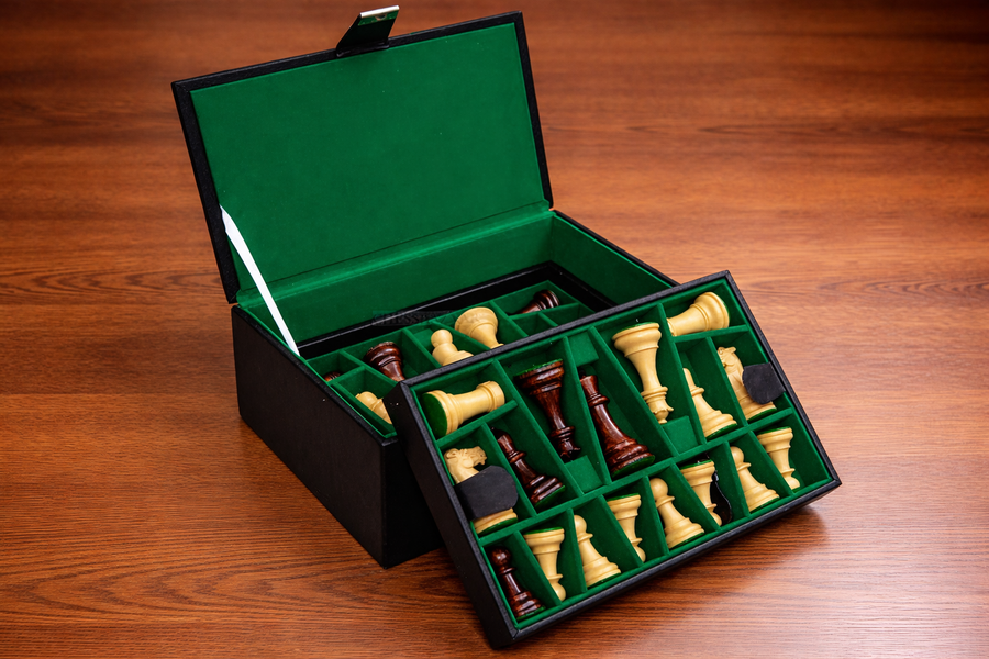 Leatherette Chess Storage Box in Black Color with Double Tray for 4"-4.25" Pieces