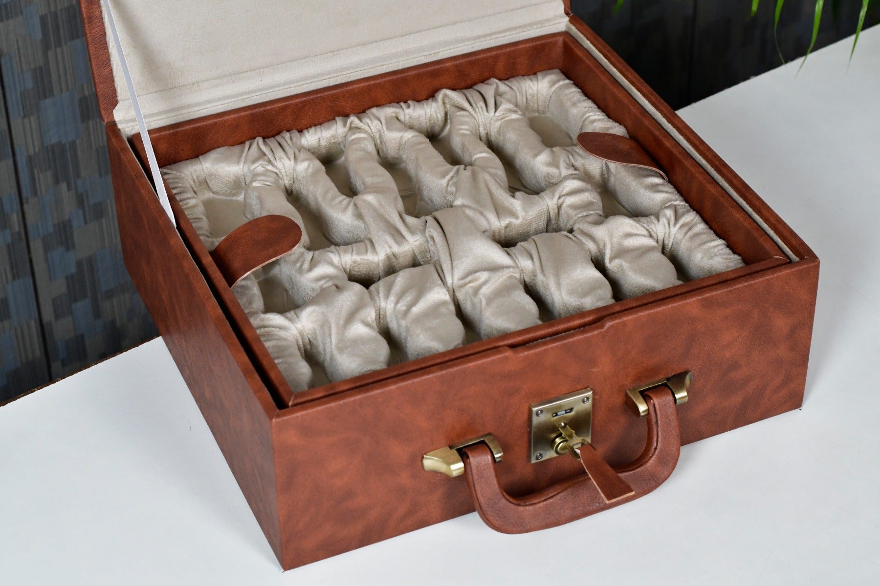 Brown Leatherette Chess Set Storage Box Coffer with Double Tray Fixed Slots for 3.75" - 4.1" Pieces