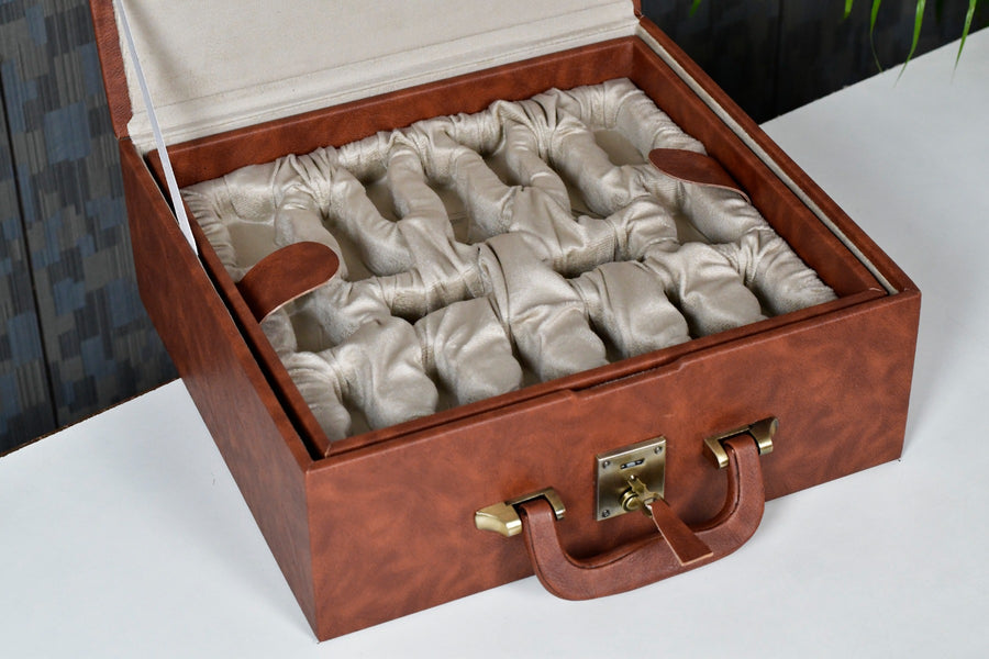 Brown Leatherette Chess Storage Coffer Double Tray 3.75"-4.1" Pieces